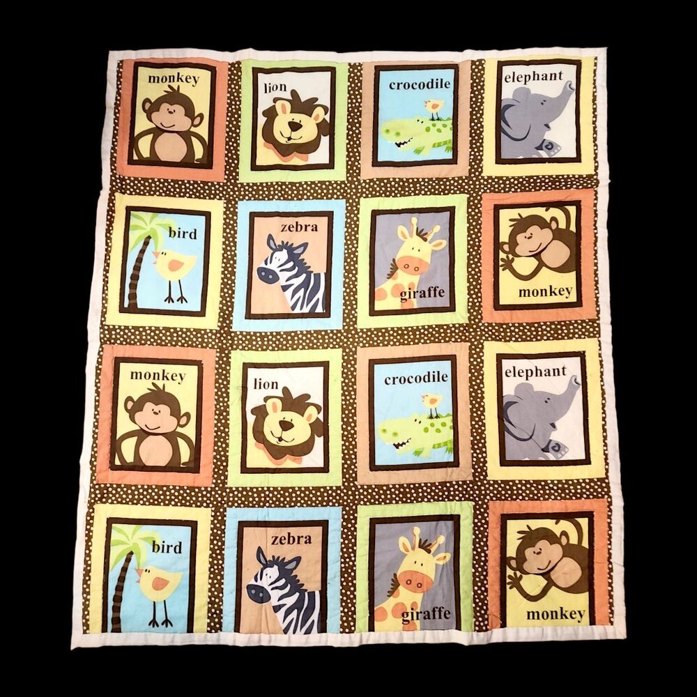 Vintage Baby Blanket Nursery Crib Quilt Jungle Safari Animals Vtg Gender Neutral